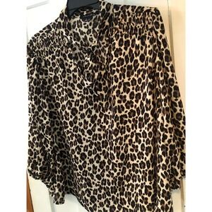 A Love Story Leopard Print Bow Neck Smocked Blouse Top flowy 
Plus 3X